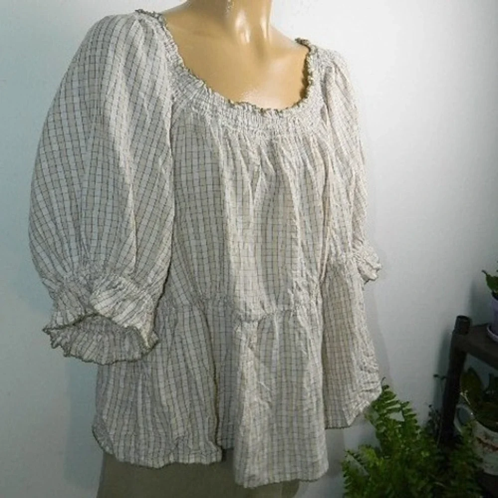 Old Navy Peplum Blouse Womens 2X Cream Plaid Smocked Puff Sleeve Square Neck